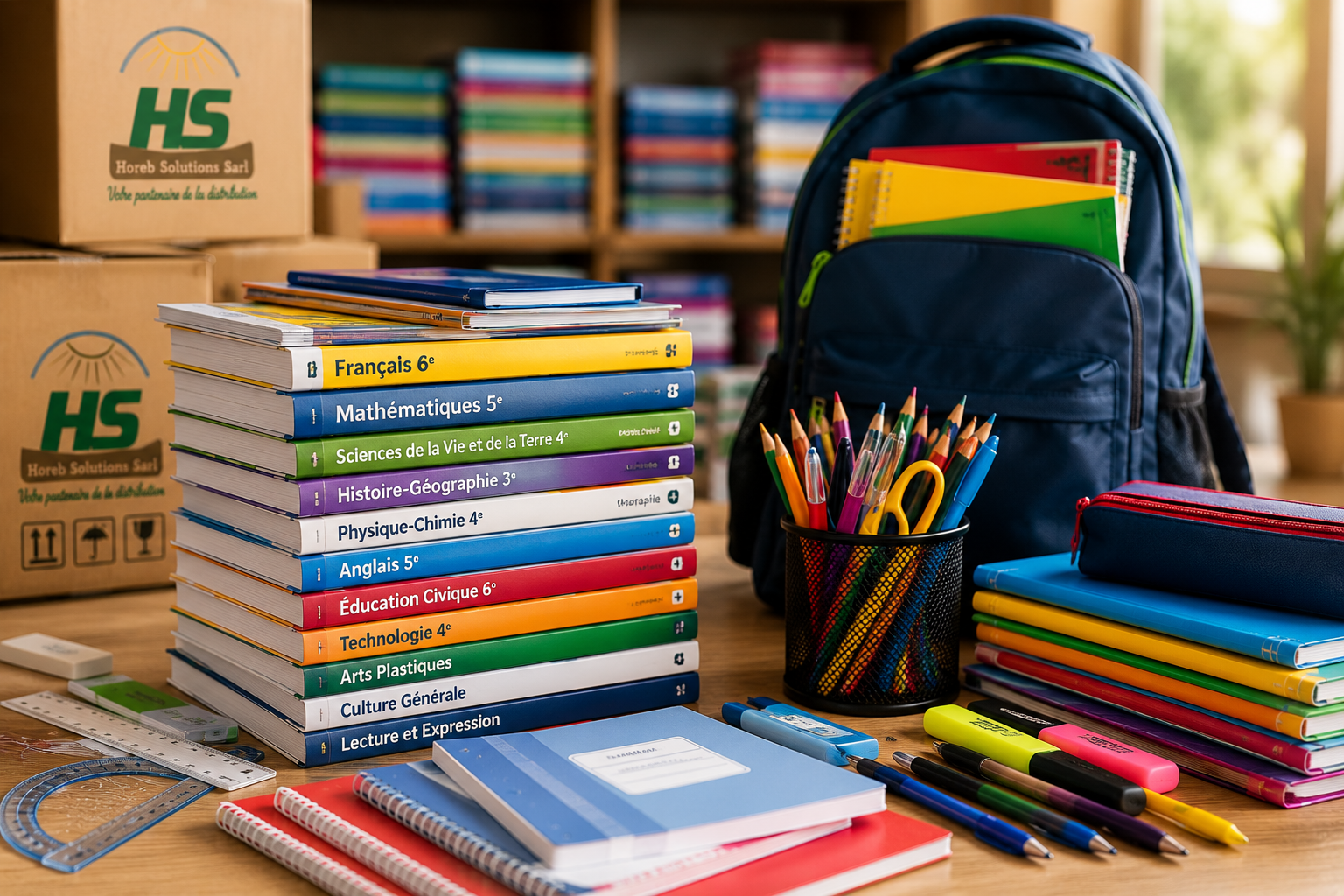 Manuels scolaires empilés — distribution Horeb Solutions
