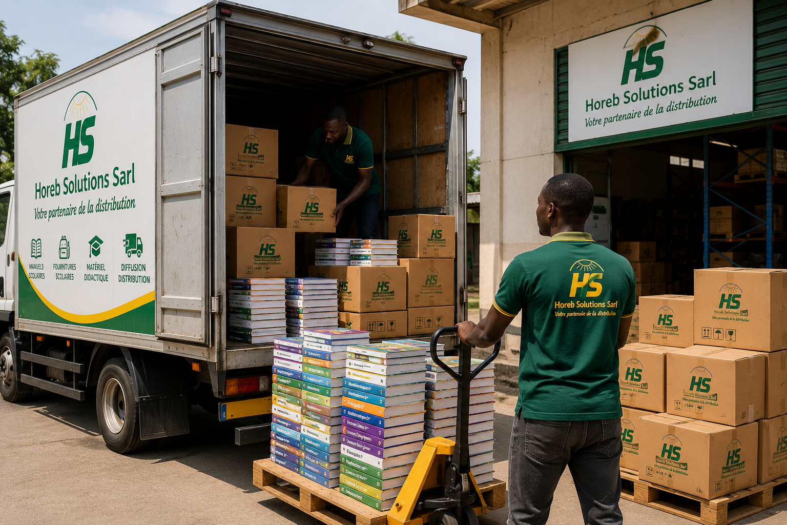 Chargement camion Horeb Solutions — logistique scolaire Cameroun